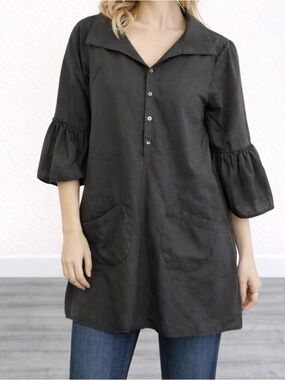 Calvin Tran 100% Silk Black 3/4th Puff Sleeve Tunic Blouse Small